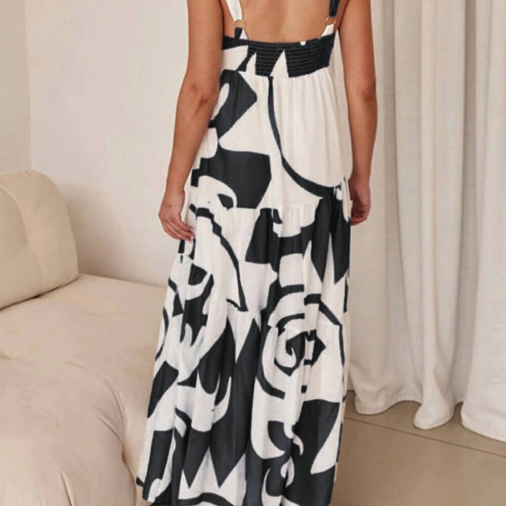 Black Casual Women's Holiday Random Printed Swing Maxi Cami Dress - Picture 2 of 4